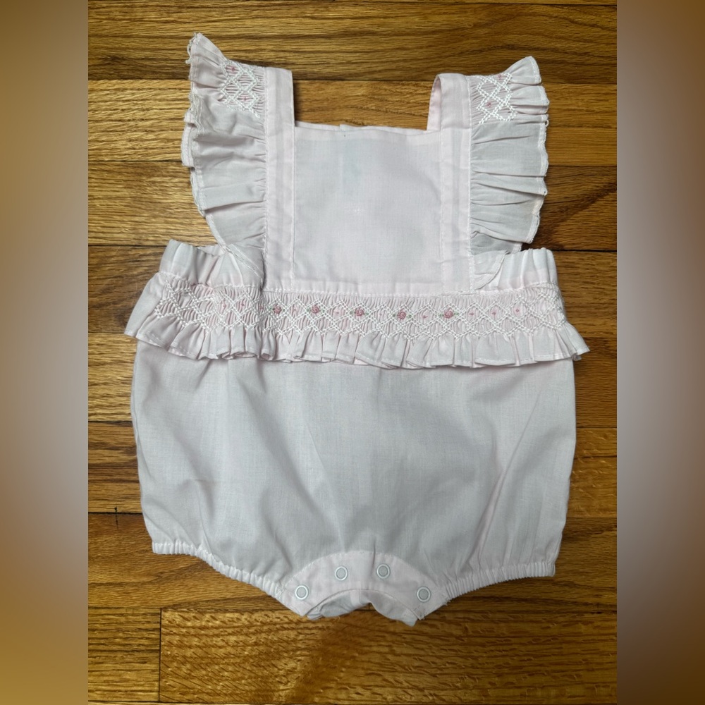Feltman Brothers pale pink with embroidered detail newborn bubble.